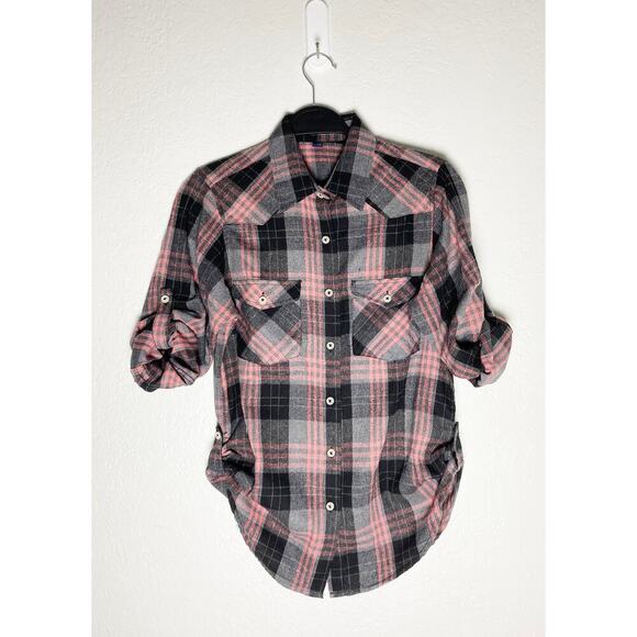 Design In Italy Luxury Women's Plaid Flannel Pink Gray Button Up Roll Tab Sleeve - Picture 4 of 12